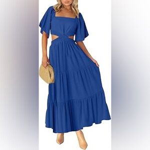 LEANI Cutout Maxi Dress Square Neck Short Sleeve Crossover Waist Royal Blue M